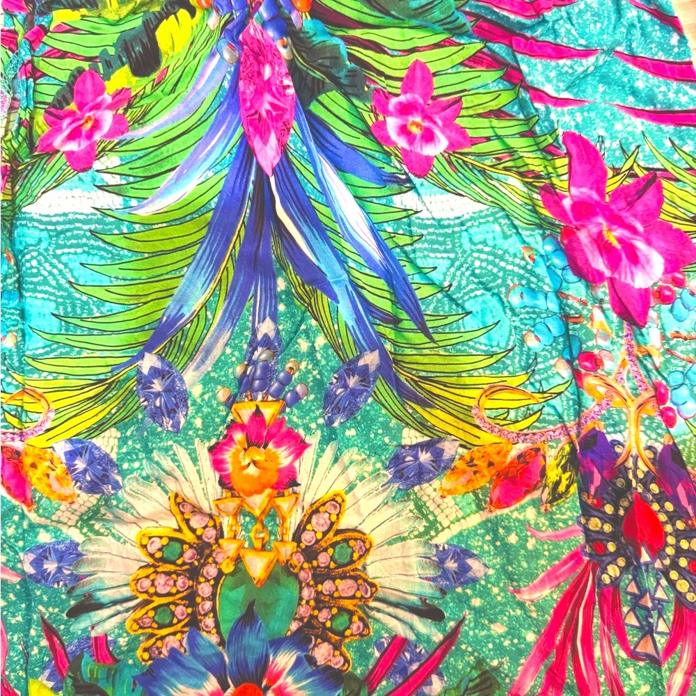 Luli Fama Turquoise Tropical Print Wide Leg Pants with Pink & Green Accents - Picture 4 of 7